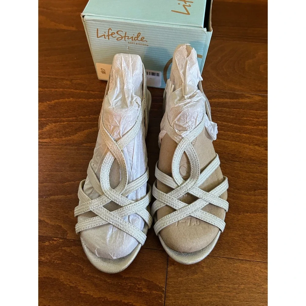 LifeStride Yaya Soft Silver Metallic‎ Strappy Wedge Sandals Womens 7.5 M NEW